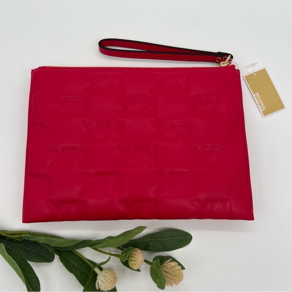 Michael Kors XL Logo Textured/Cushioned Clutch Wristlet Red Deep Pink NWT - Picture 2 of 11